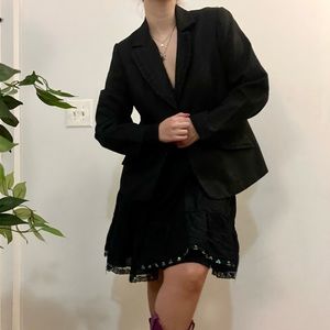 LIKE NEW Vintage Black Jacquard Blazer with Ruffle Lapel Detail